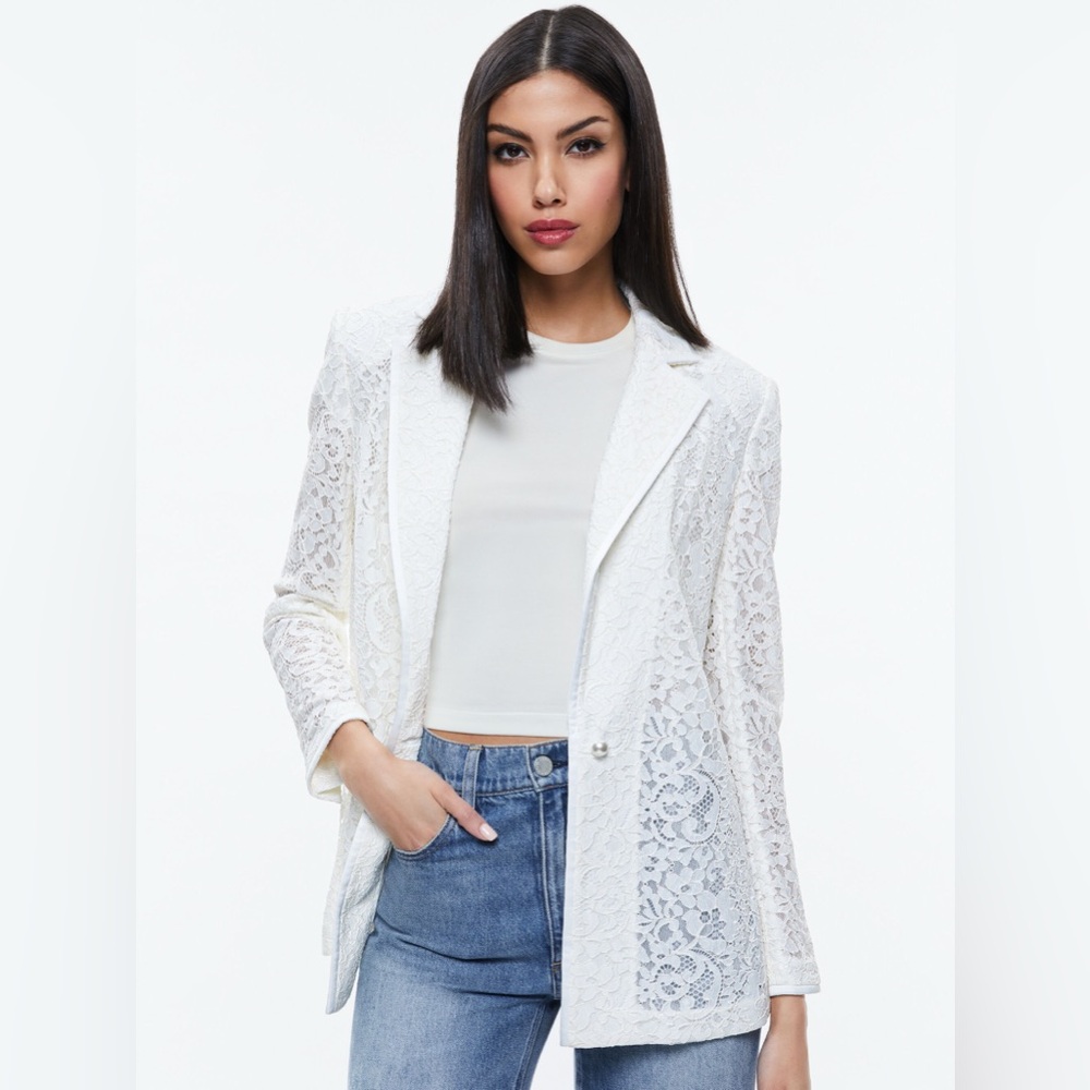 NWT Alice And Olivia Judith Sheer Lace Notch Blazer In Off White